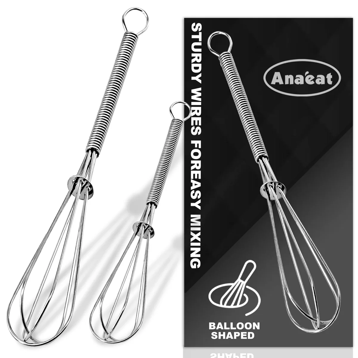 Two polished stainless steel mini balloon whisks, 6 and 8 inches long, thick wire loops, compact handles