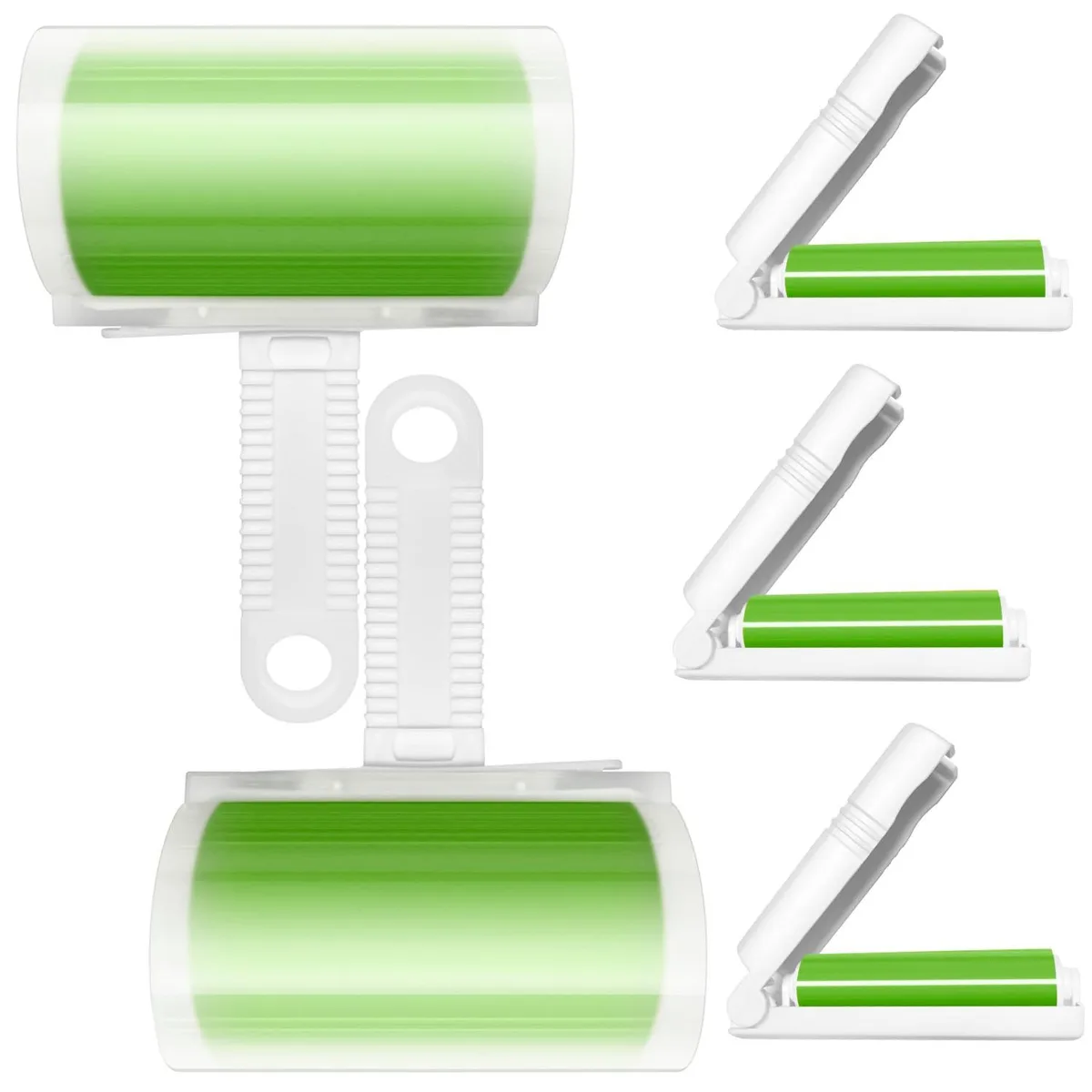 Five green silicone lint rollers with covers, two large and three foldable mini sizes
