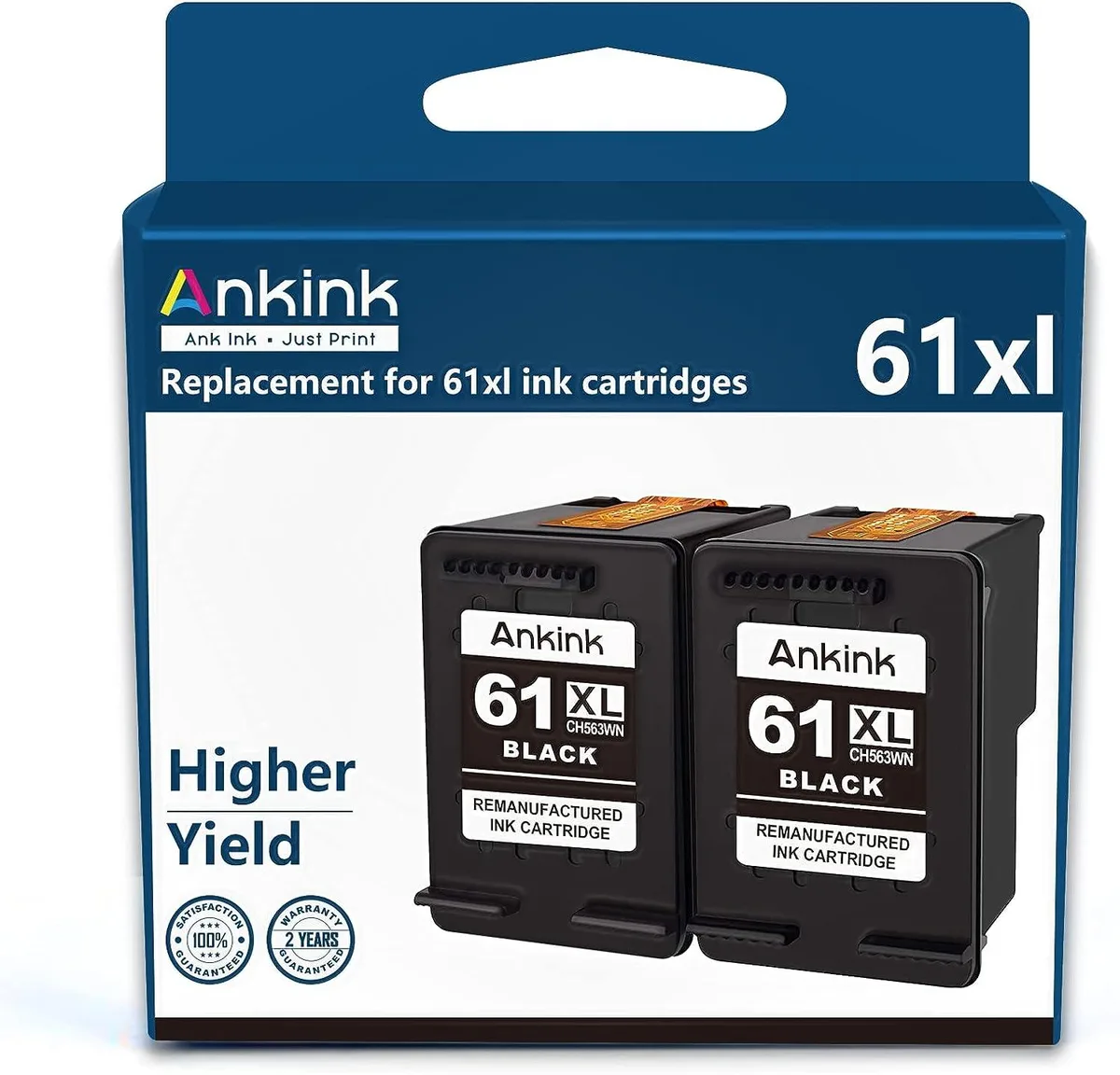 Two black rectangular ink cartridges with gold contacts and plastic protective covers