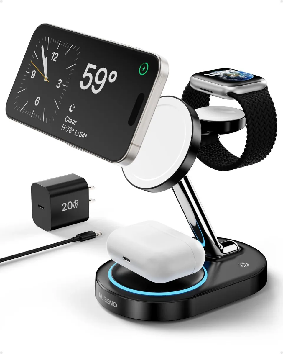 Black compact 3-in-1 MagSafe charging stand with ambient light ring