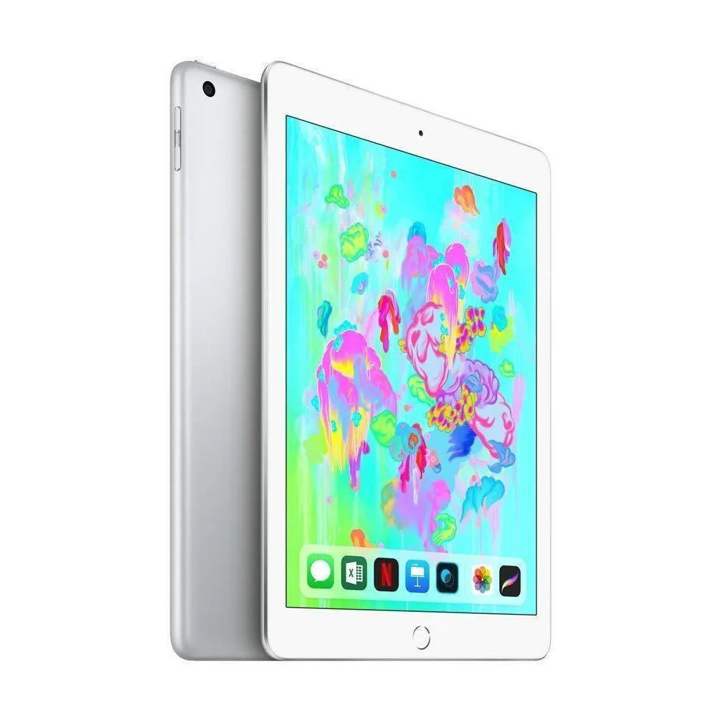Silver iPad 9.7 inch tablet with flat glass front and aluminium back