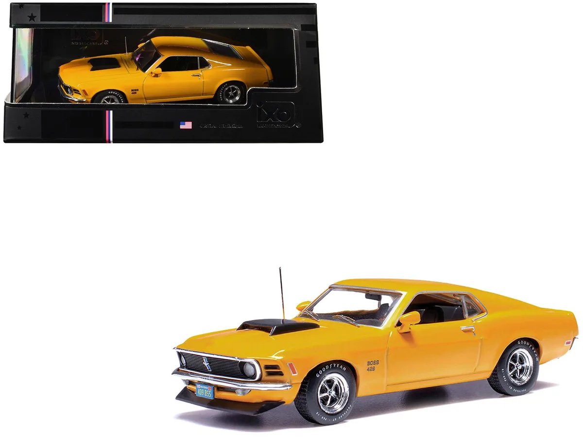 Ixo Models Ixo Models 1970 Ford Mustang Boss 429 Bright Yellow Black Hood Scoop 1/43 Diecast hobby collectible — product photo