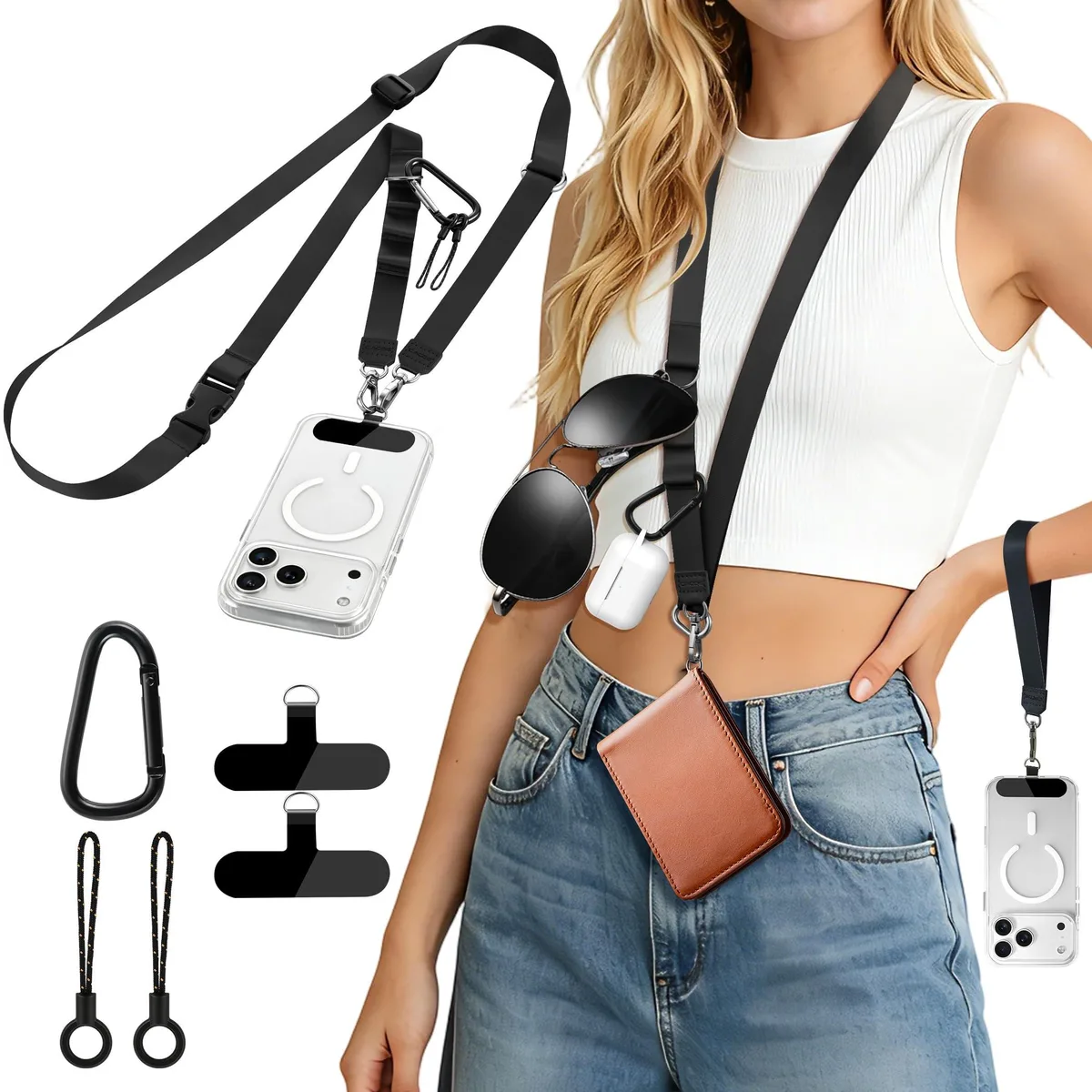  CACOE 3-in-1 Phone Lanyard Adjustable Crossbody Neck Strap 17.7-25.6" Black — product photo