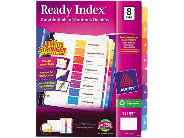Avery Avery 11133 8-Tab Multicolor Card Filing Dividers — product photo