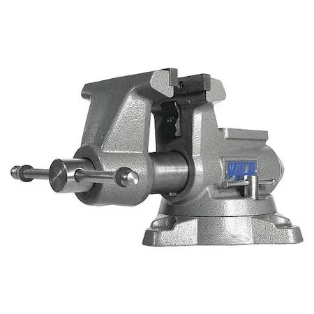 Heavy ductile-iron combination vise with serrated steel jaws and 360-degree swivel base