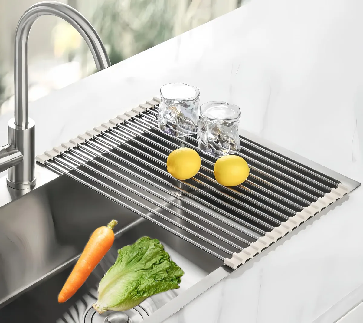Grey roll-up drying rack, 17.7 by 11.8 inches, stainless steel rods on silicone frame