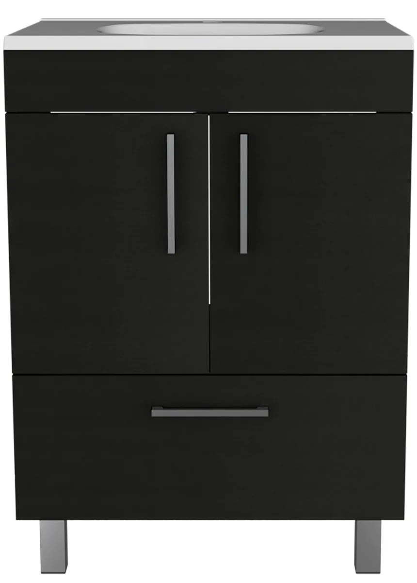 Black bathroom vanity cabinet with two doors and one drawer, metallic accent, 29.5 inch top