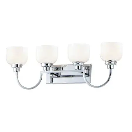 Polished chrome vanity light with four curved arms and white opal glass shades