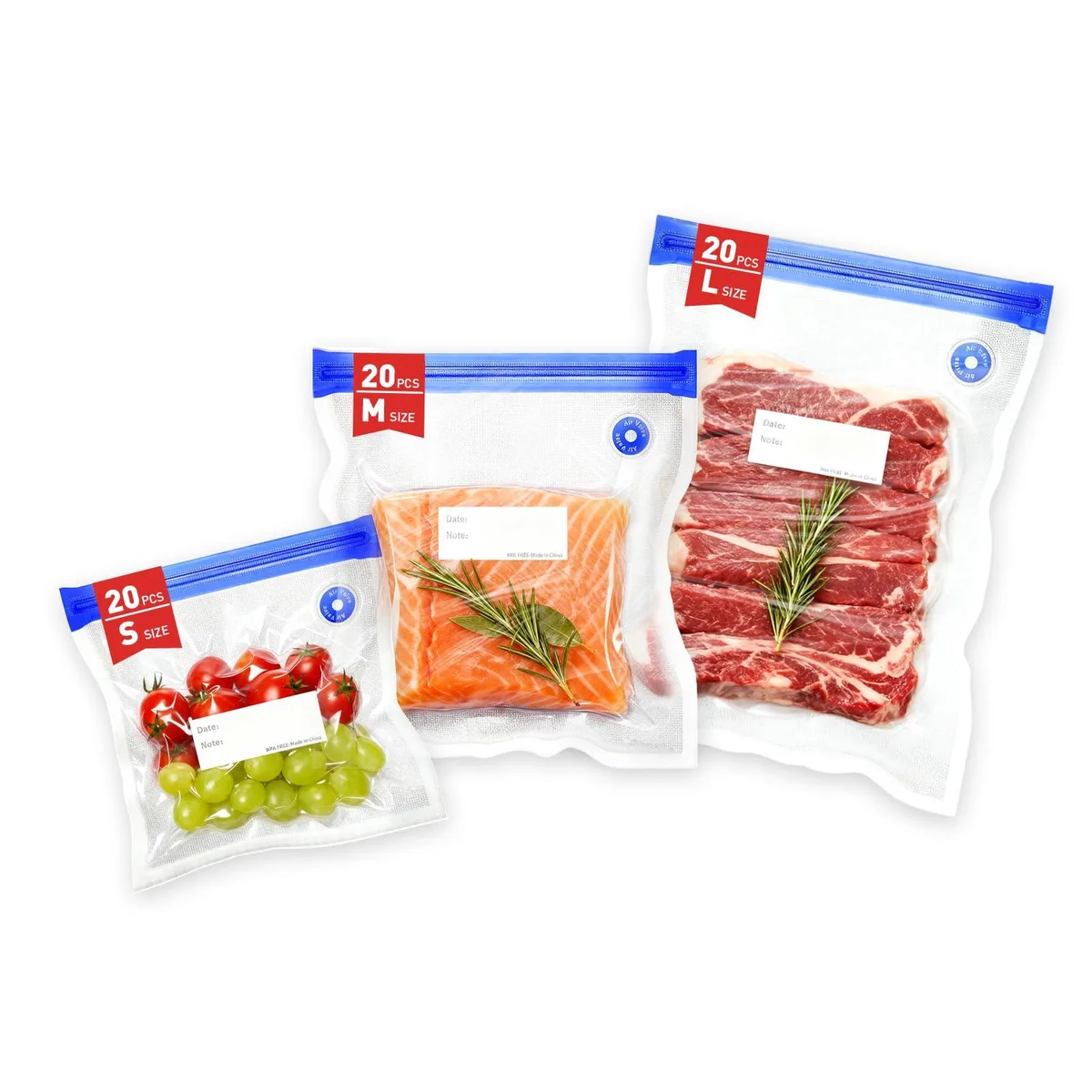 Clear rectangular vacuum sealer bags with double-zipper and valve, assorted sizes