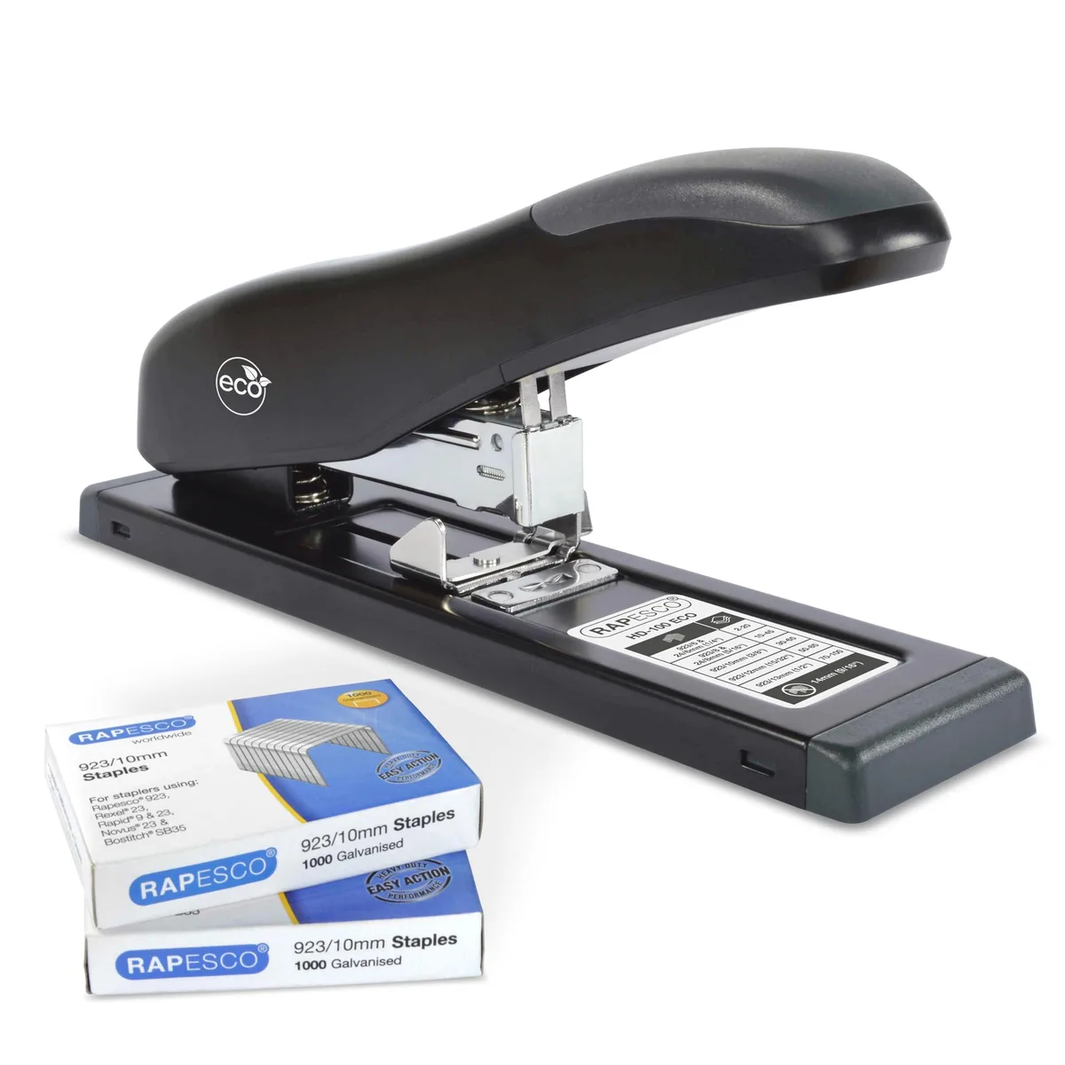  Rapesco 1307 ECO Heavy-Duty Stapler 100 Sheet 2000 Staples 923/10mm Black — product photo