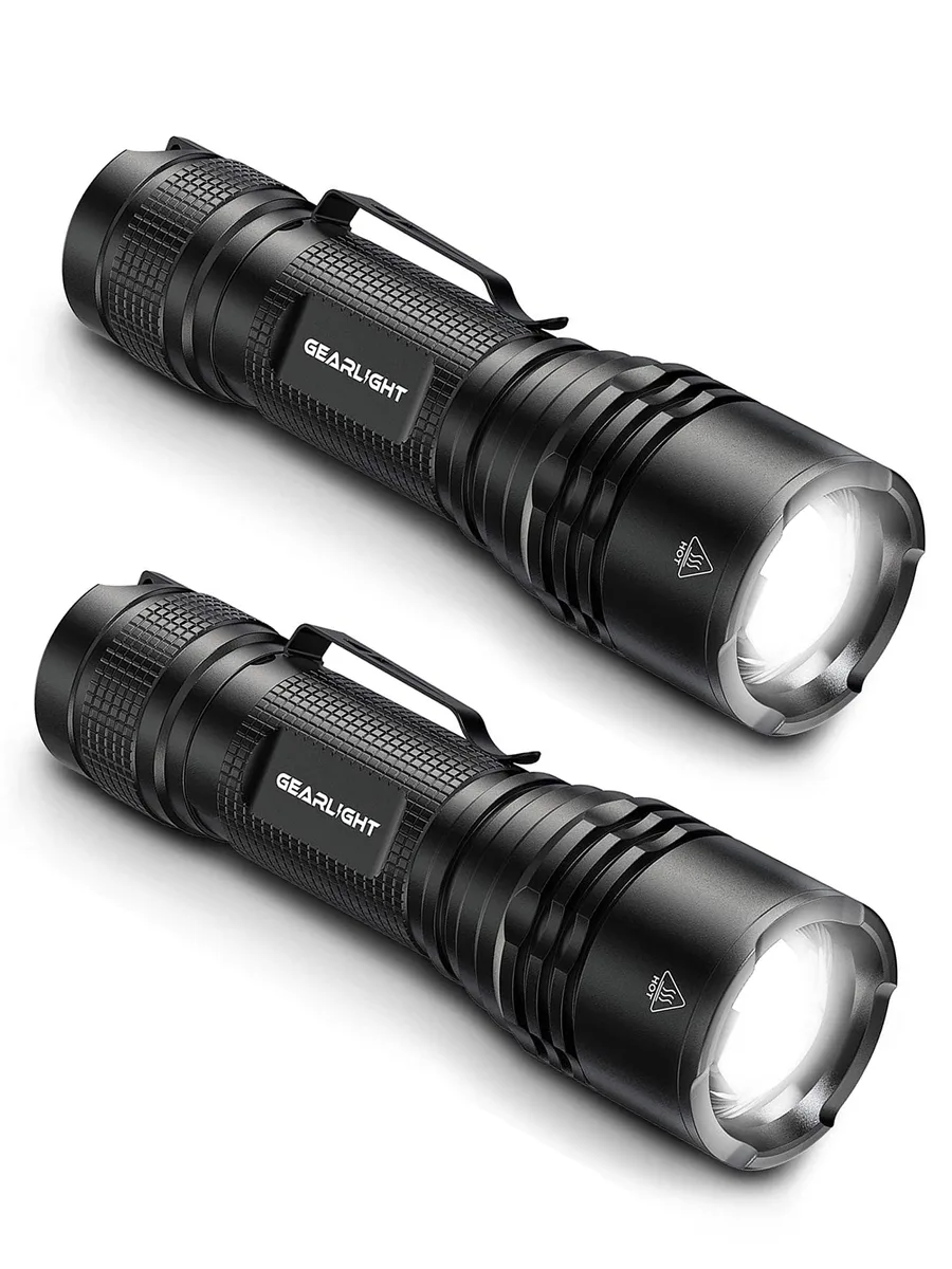 Two matte-black aluminium tactical flashlights side by side, each 5.31 inches long and 1.48 inches thick