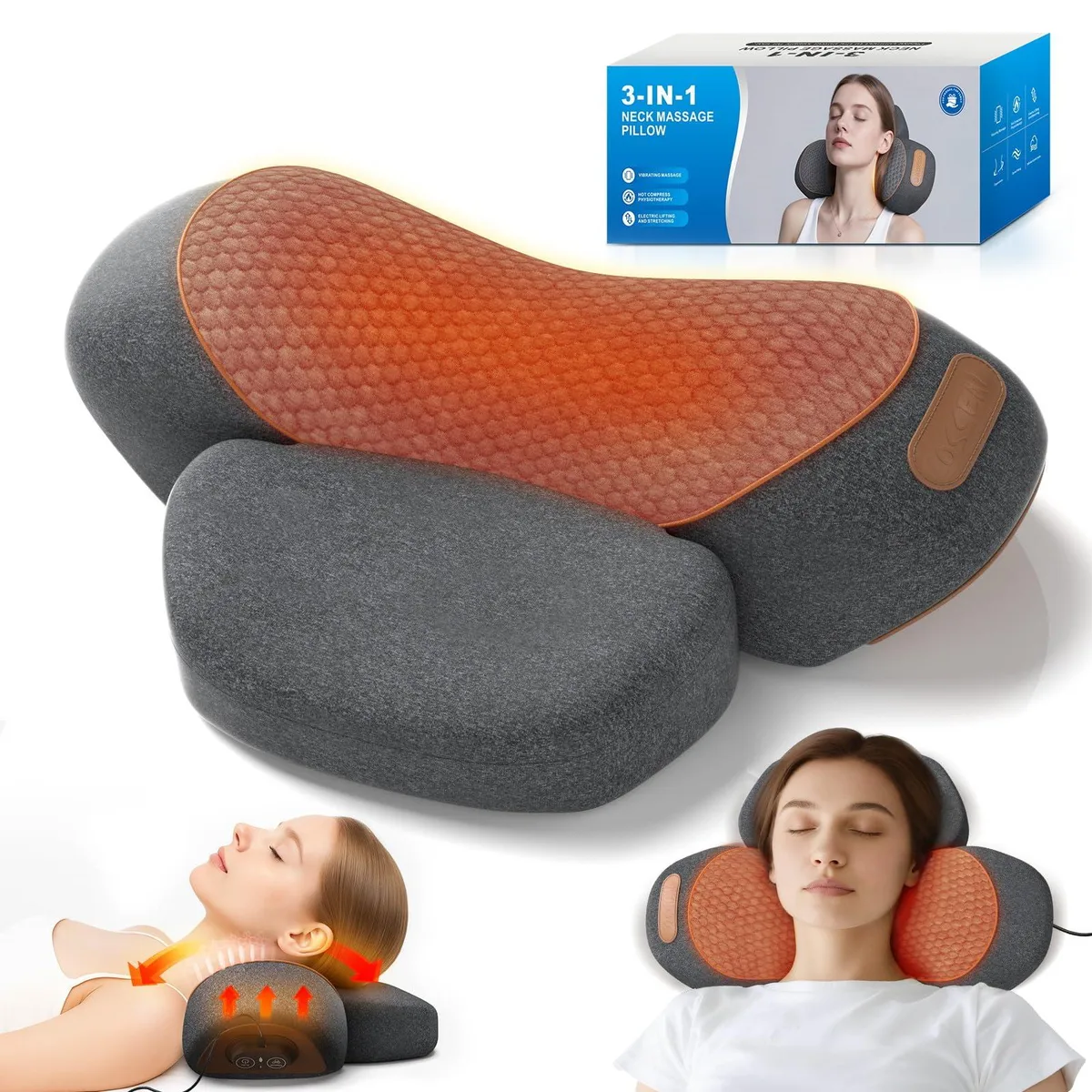 Grey ergonomic neck pillow with curved contour, corded electric control unit visible, soft fabric surface, compact rectangular shape