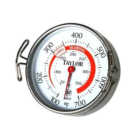 Stainless steel analog grill thermometer with 2 inch dial showing 100 to 700 degrees F