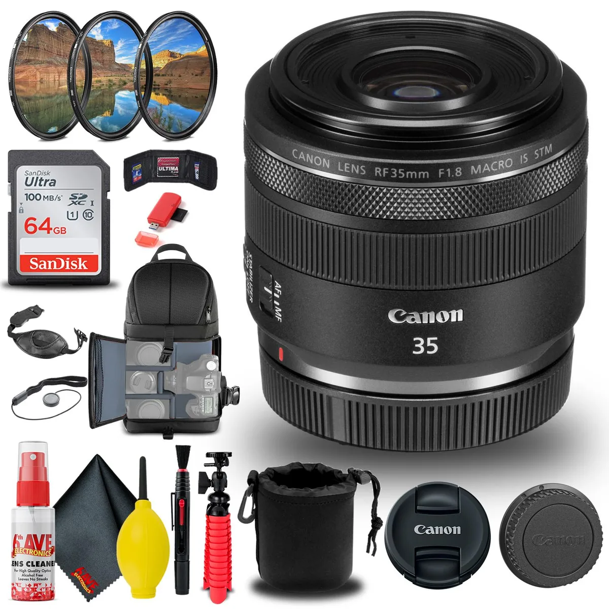 Canon Canon RF 35mm f/1.8 IS Macro STM Lens (2973C002) + Filter Kit + Backpack + 64GB SD Card + Accessories — product photo