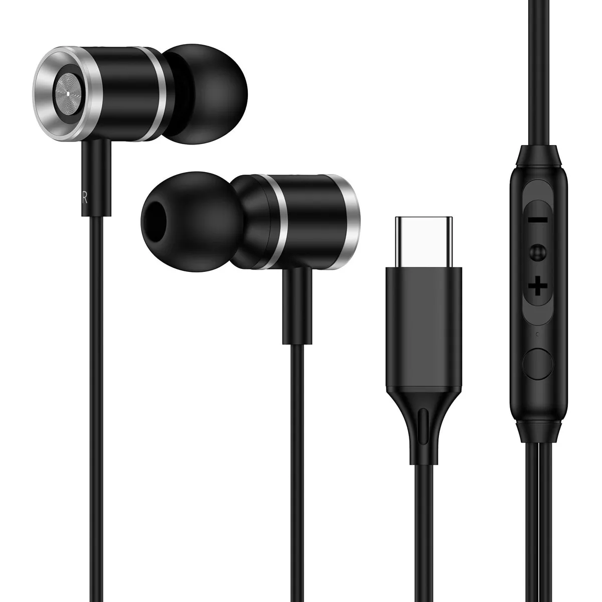 Black in-ear USB-C wired headset with inline microphone and volume control