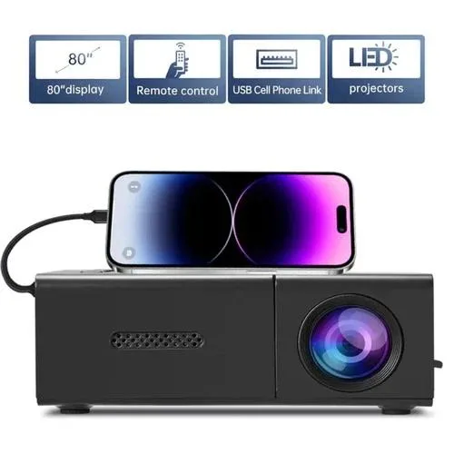 Compact black desktop projector with built-in stand