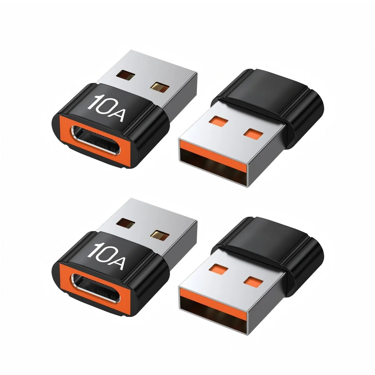 Four black USB-A male to USB-C female adapters in a row