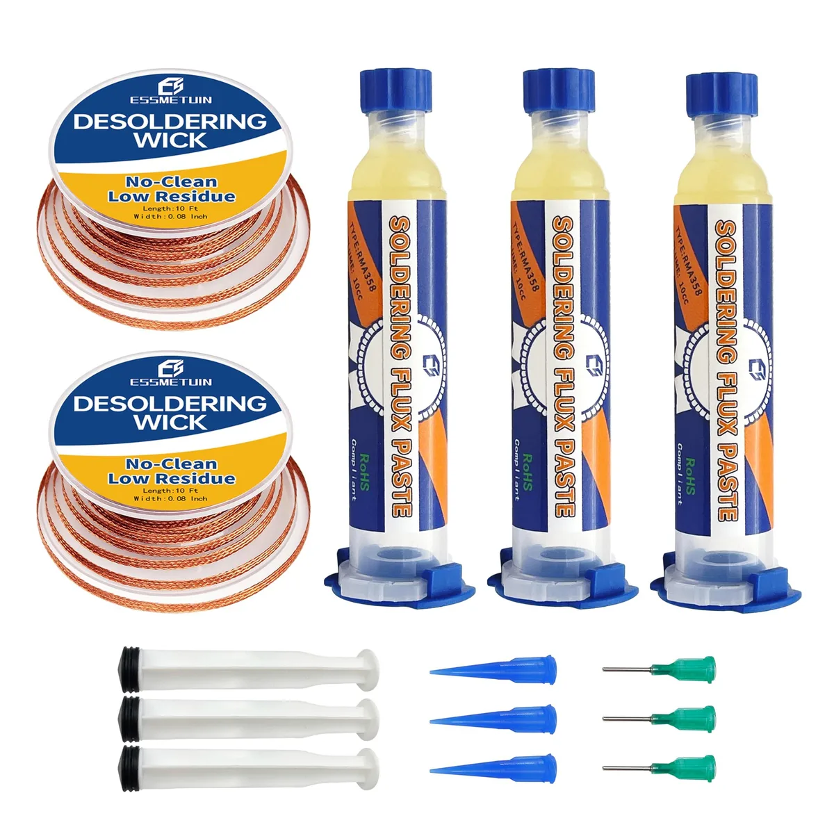 Small white and yellow 10CC flux syringe beside copper desoldering wick spool