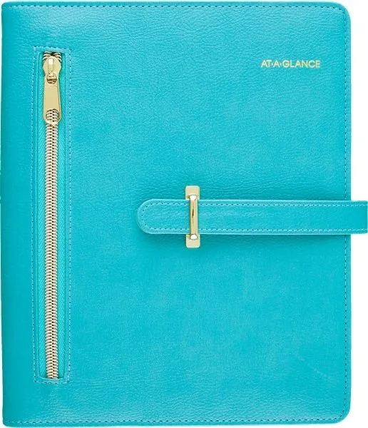 Teal faux leather planner with buckle closure and zip pocket