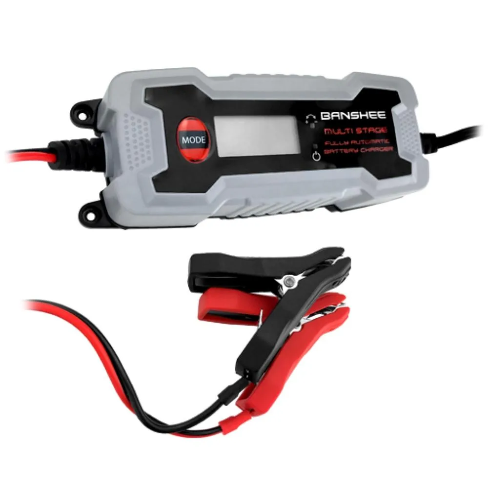 Compact rectangular charger with LCD screen and attached cables