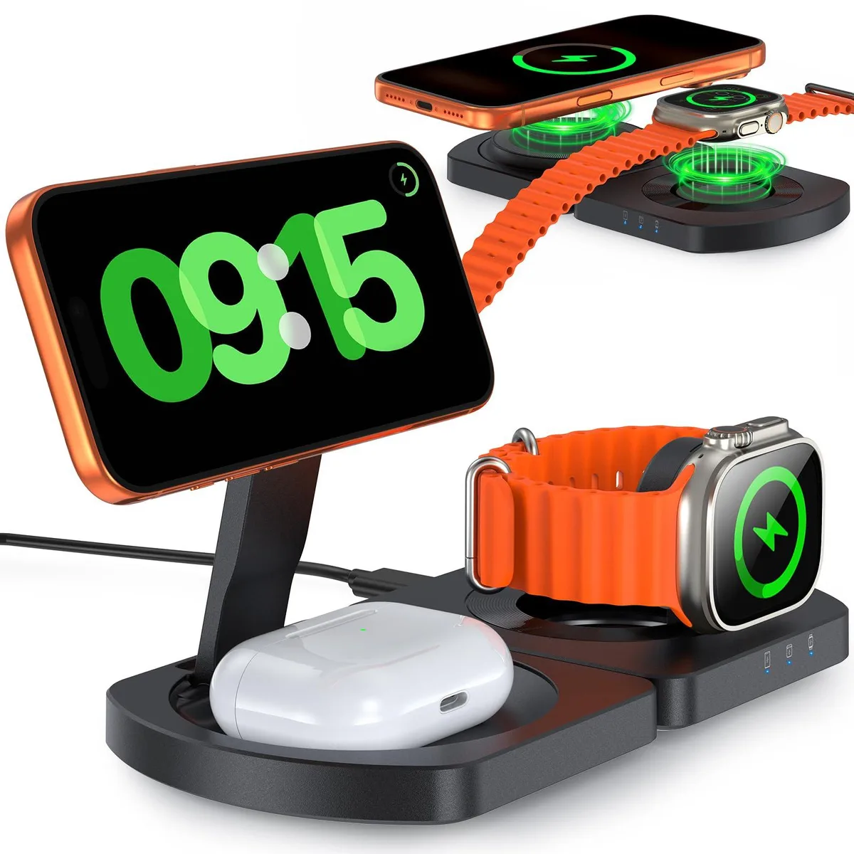Black foldable 3-in-1 magnetic charging stand for iPhone, Apple Watch and AirPods