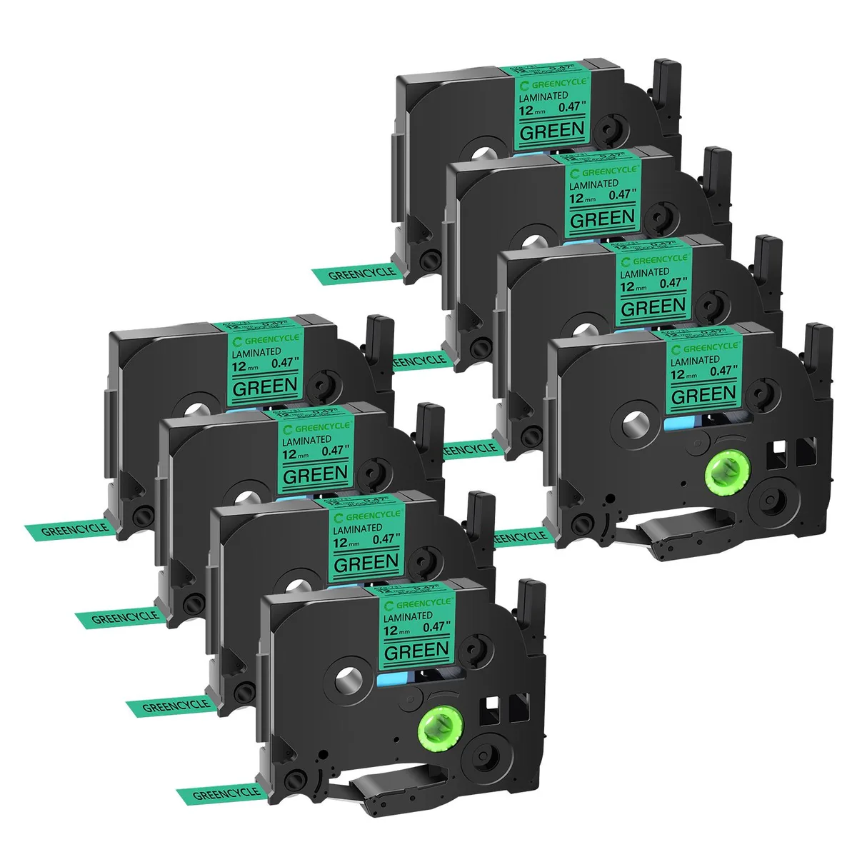 GREENCYCLE GREENCYCLE TZe-731 12mm Black on Green Laminated Label Tape 8 Pack — product photo