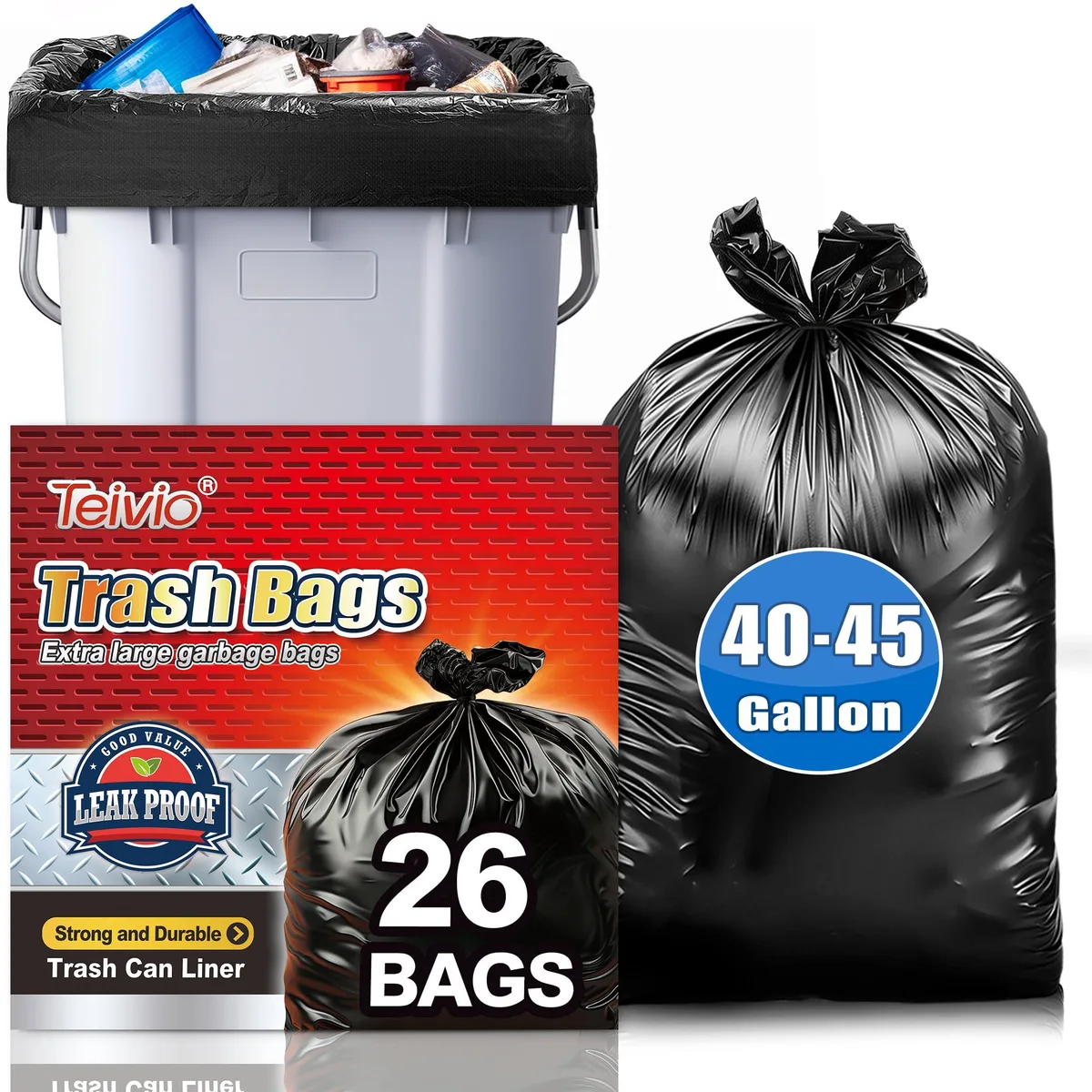  Teivio 40-45 Gallon Trash Bags 26 Count Black 37.8x44.8in 15mic — product photo