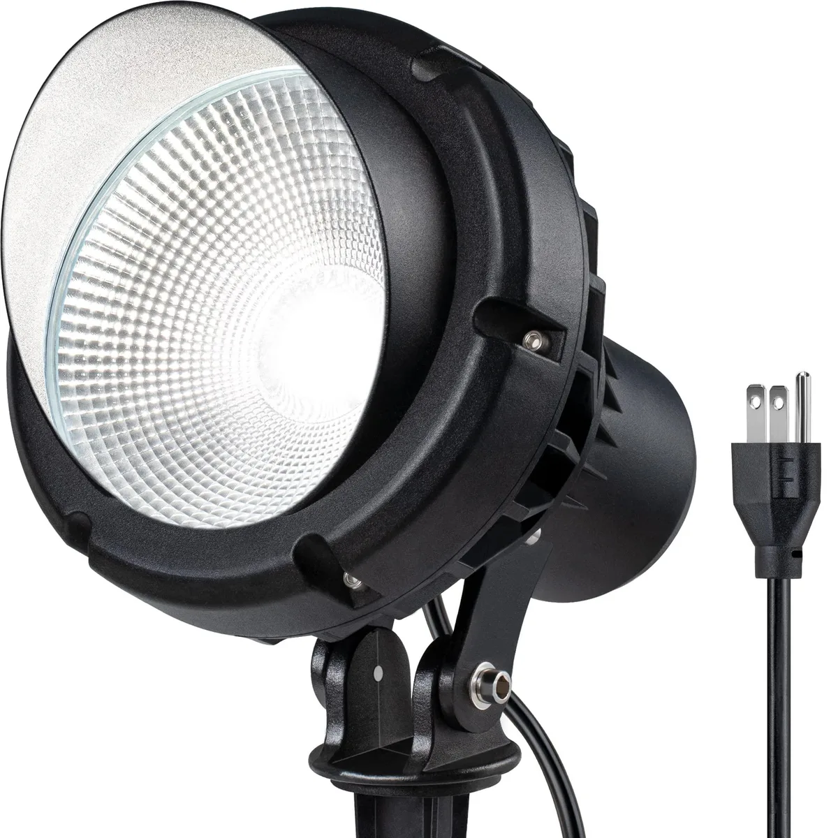 Black rectangular aluminum LED fixture, 9 by 6 by 15 inches, with stake and cord
