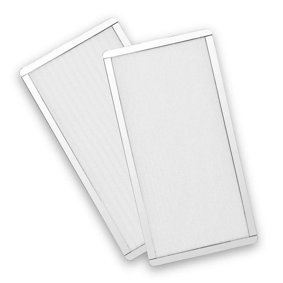 Two white rectangular magnetic PVC mesh filters with fine grid pattern