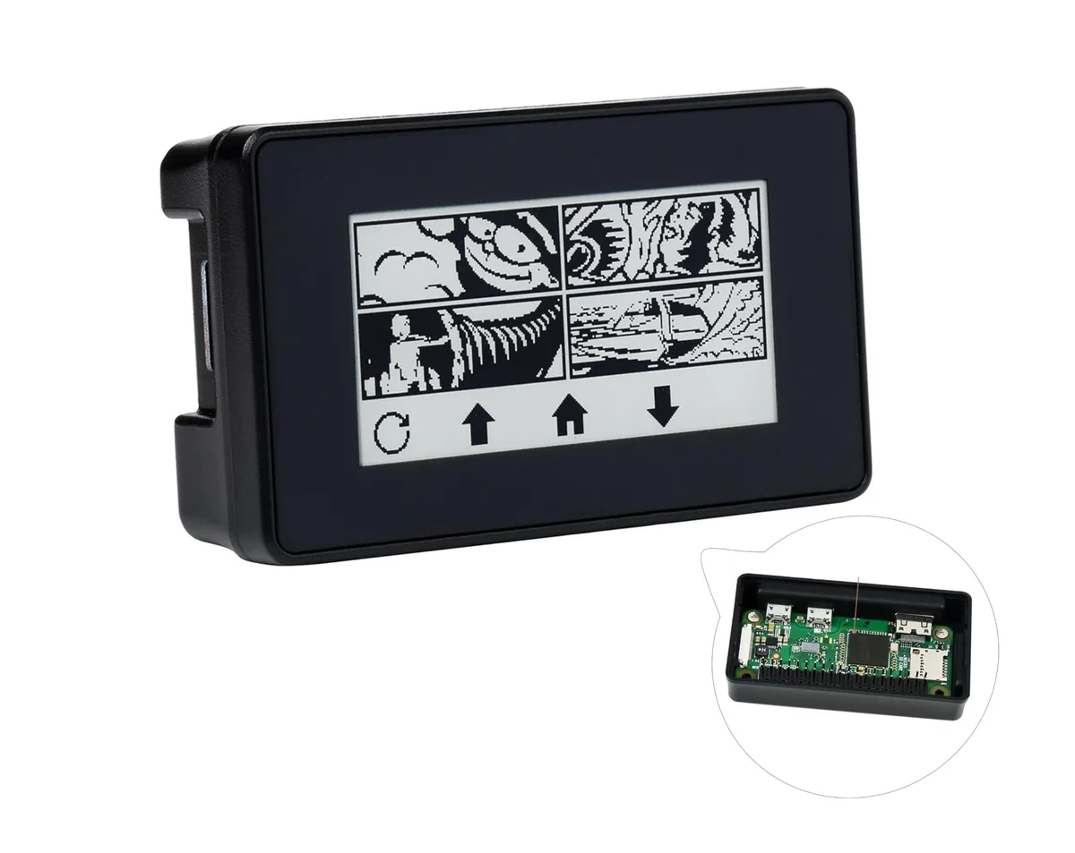 2.13 inch touch e-paper display in black ABS case with GPIO header visible