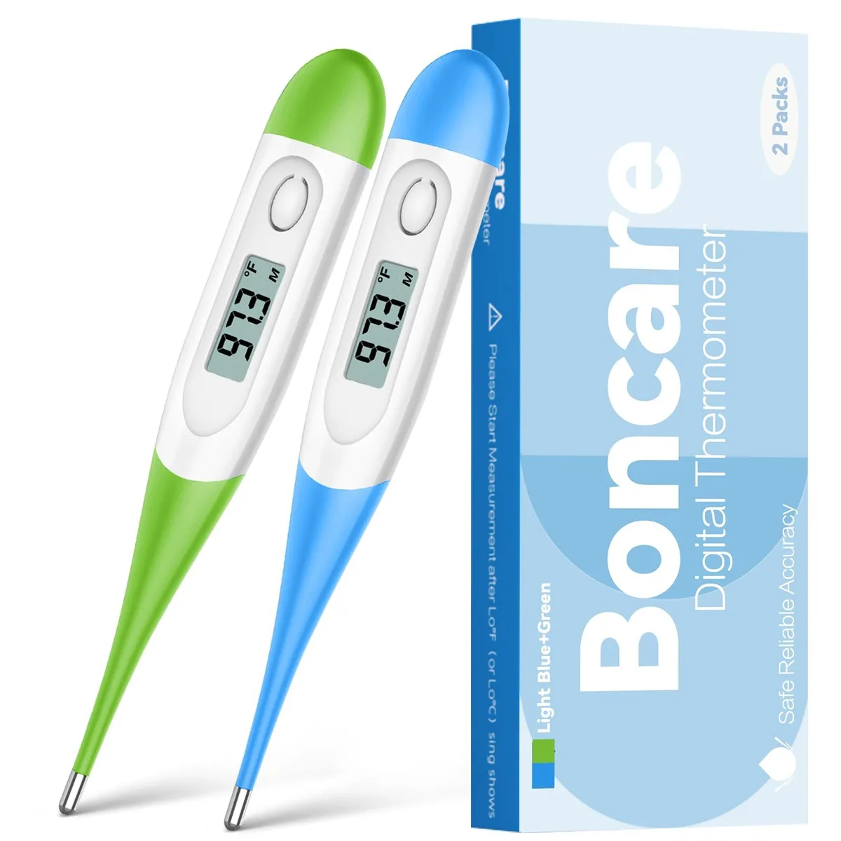 Two slim digital thermometers, light blue and green, each with a soft silicone tip, LCD screen and single button