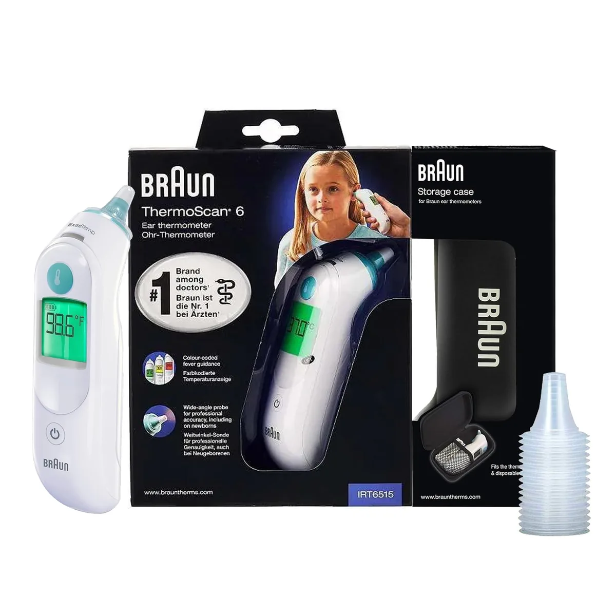 White Braun ThermoScan 6 ear thermometer with digital display and pre-warmed tip