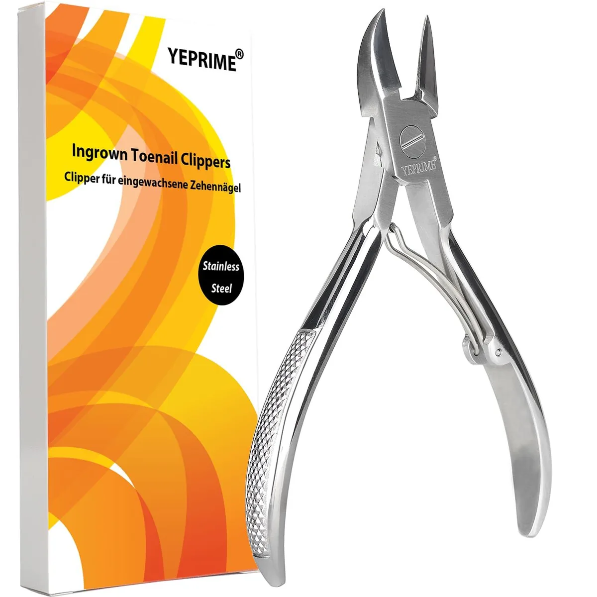 Silver stainless steel toenail clippers with curved blades and textured handles