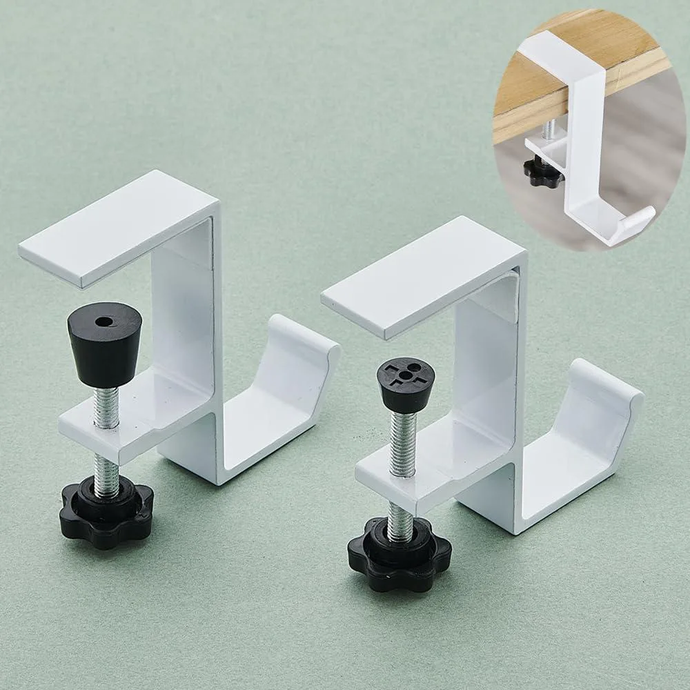 Two white clamp-on desk hooks with adjustable screw arms, sold as a pair