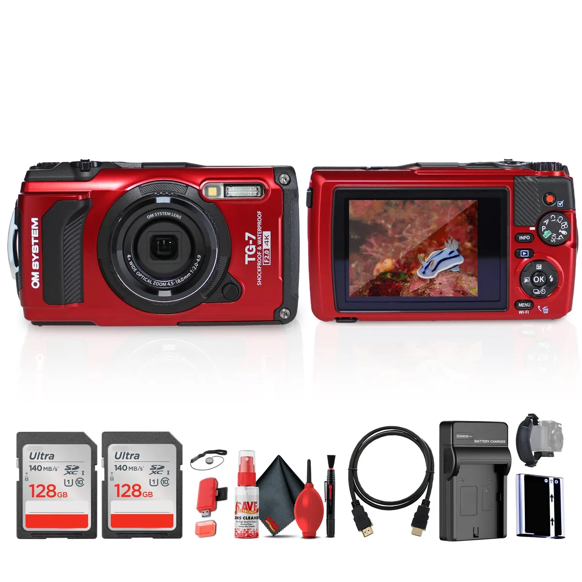 OM System OM System Tough TG-7 Red Camera Kit with 2x 128 GB Memory Cards — product photo