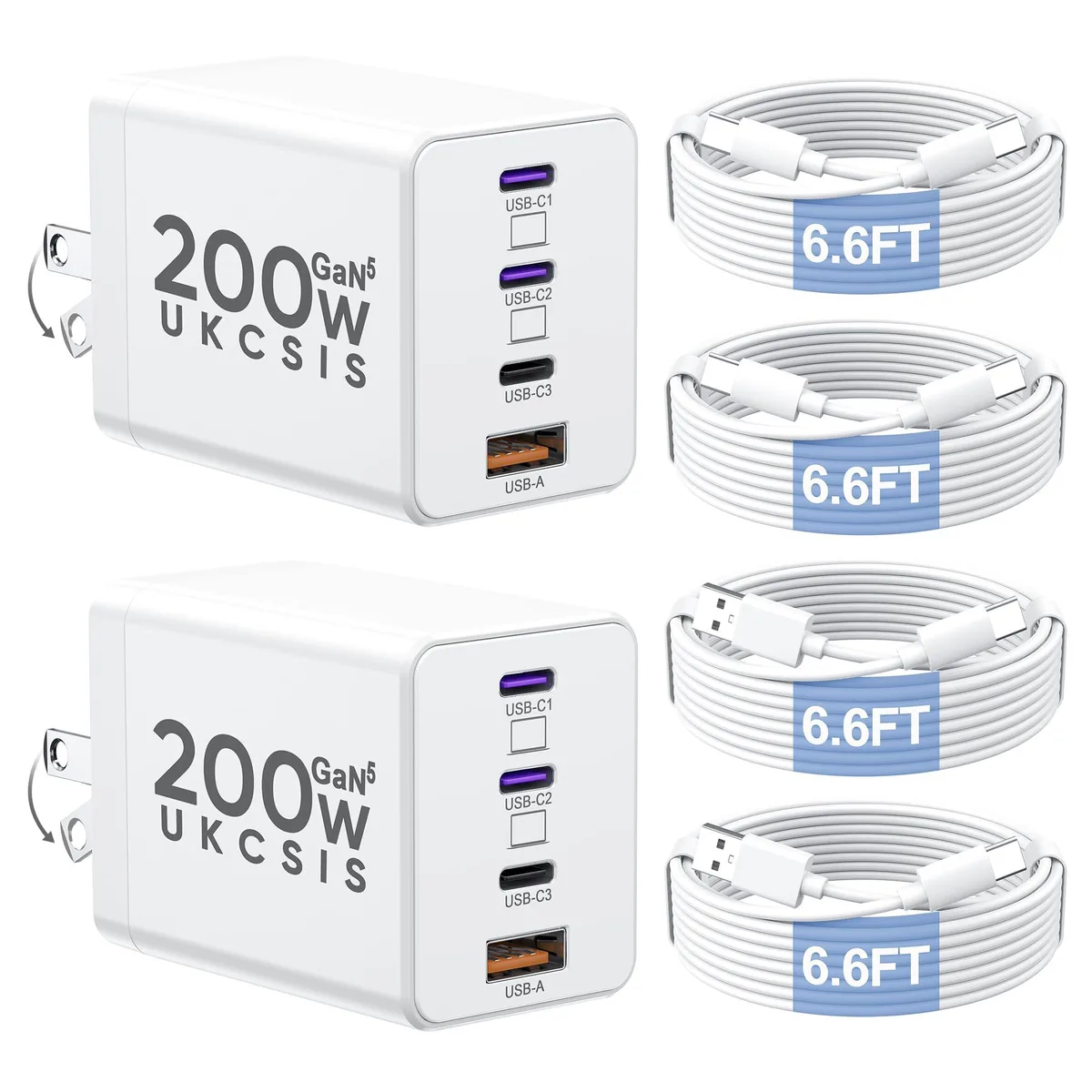 Two compact white GaN5 charger blocks with foldable plugs, each showing four ports: two 65W USB-C, one 30W USB-C, one 20W USB-A