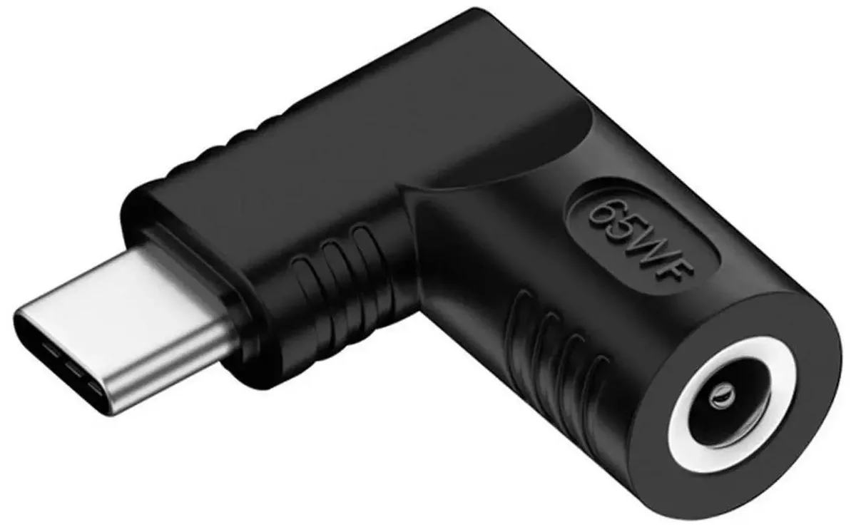 Right-angled DC jack to USB-C adapter, black finish