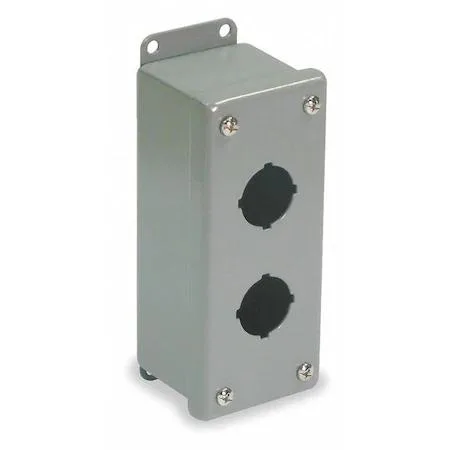 Gray steel pushbutton enclosure, slimline, two 30 mm holes, 6.25 by 2.5 inches