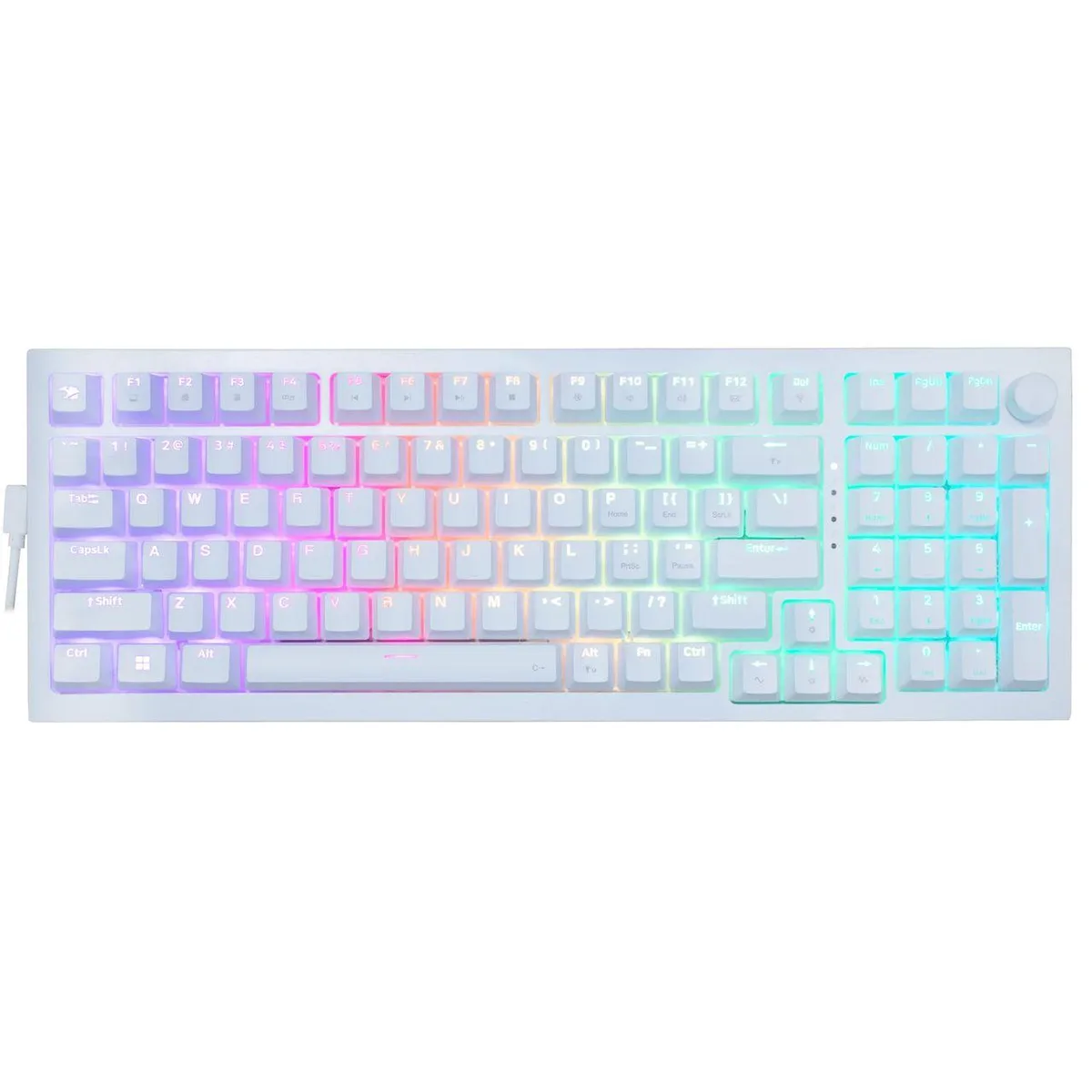 Compact 98-key mechanical keyboard in solid white with detachable USB-C cable