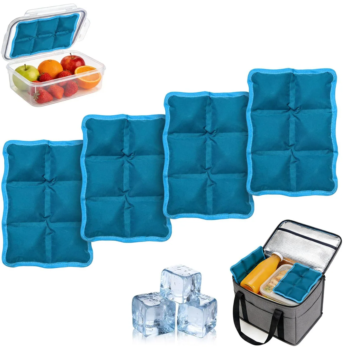 Four slim red silicone ice packs, each six by four by point seven inches