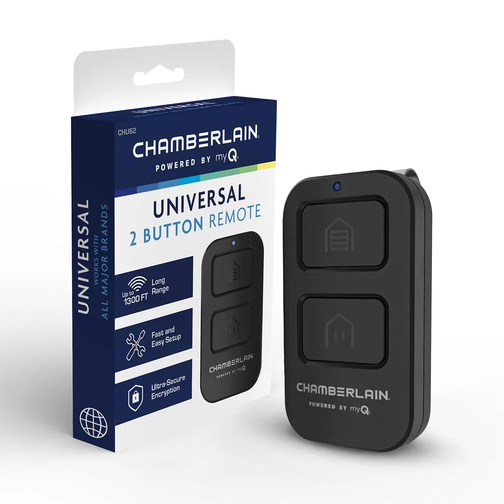 Compact two-button garage remote with dark finish and visor clip