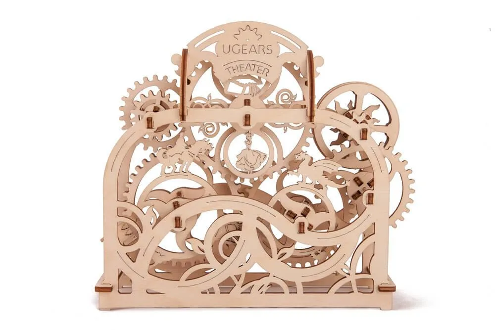 Wooden mechanical theater model with rotating character gears