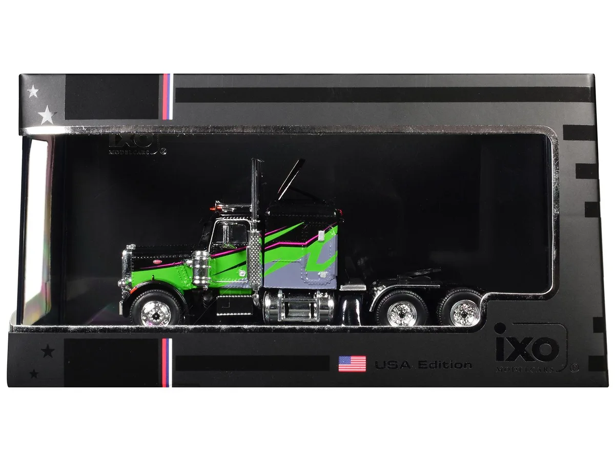 Ixo Models Ixo Models 1973 Peterbilt 359 Truck Tractor Black and Lime Green 1/64 Diecast Hobby Collectible — product photo