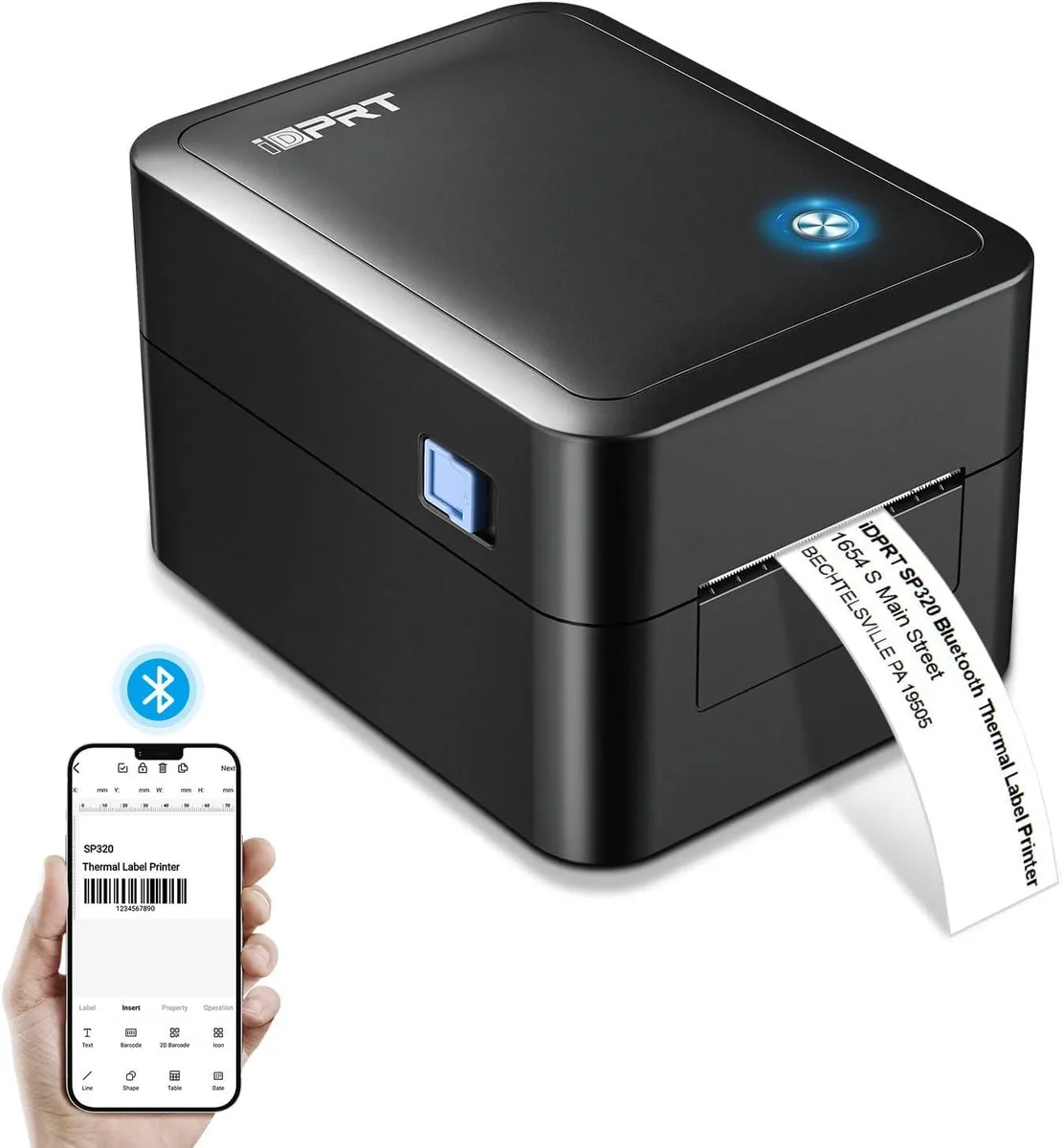 Compact white thermal label printer with Bluetooth and USB ports