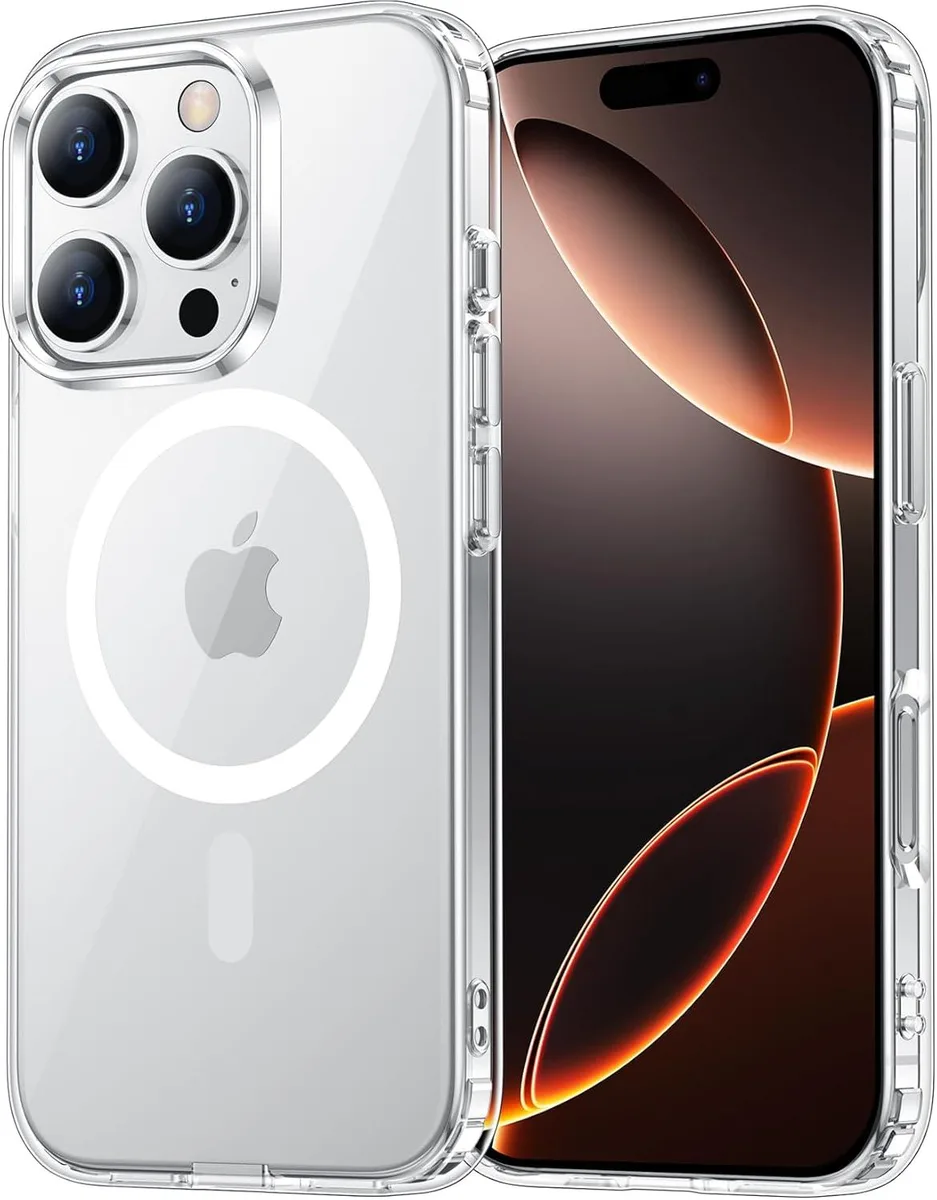 Transparent MagSafe case for iPhone 16 Pro Max with raised screen and camera edges