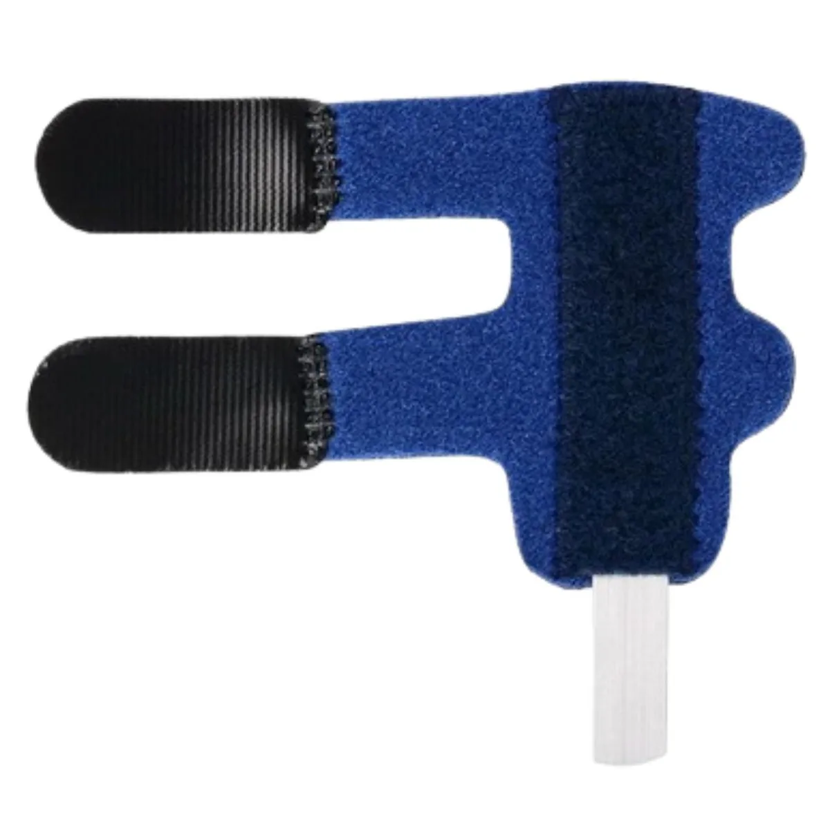 Blue finger splint with composite cloth wrap and aluminum stay, hook-and-loop straps visible