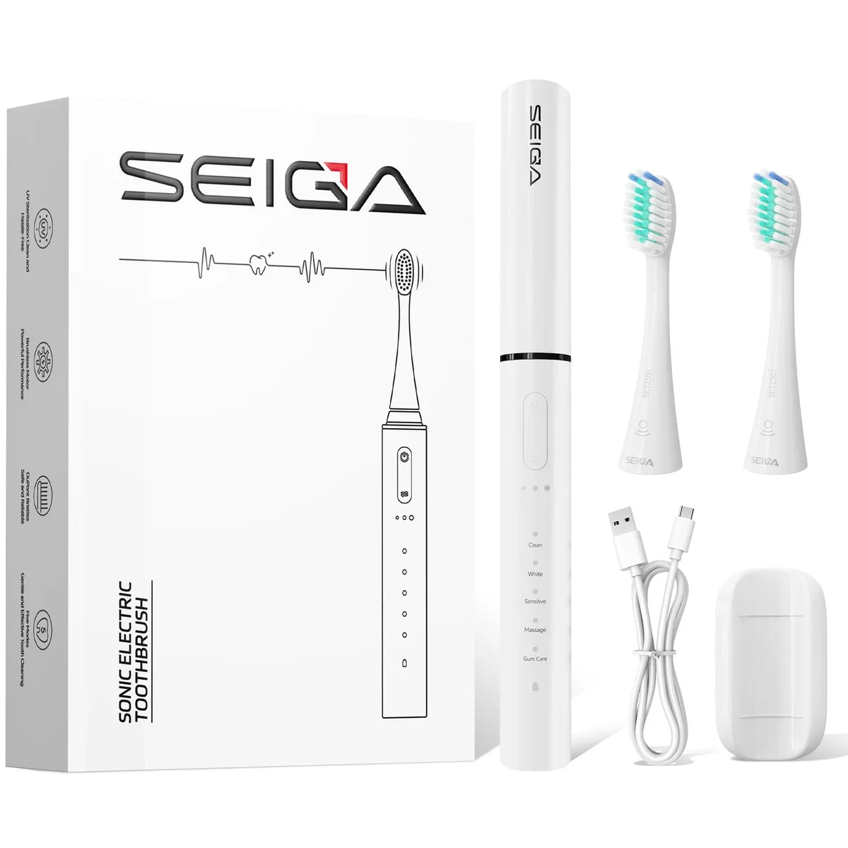 White sonic electric toothbrush handle with brush head and protective cover