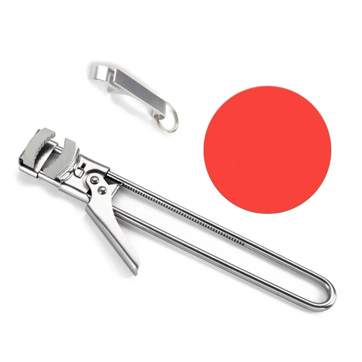 Adjustable stainless steel jar opener with rubber grip pad and bottle-opener keychain