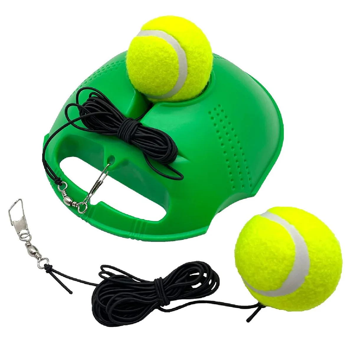 Green rectangular baseboard with two yellow tennis balls on elastic cords and a fillable base for stability