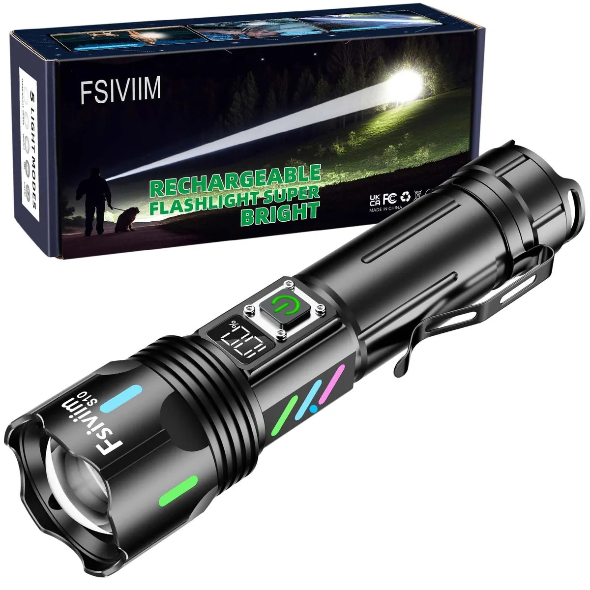 Cylindrical aluminium flashlight with digital display, USB-C port and zoom head